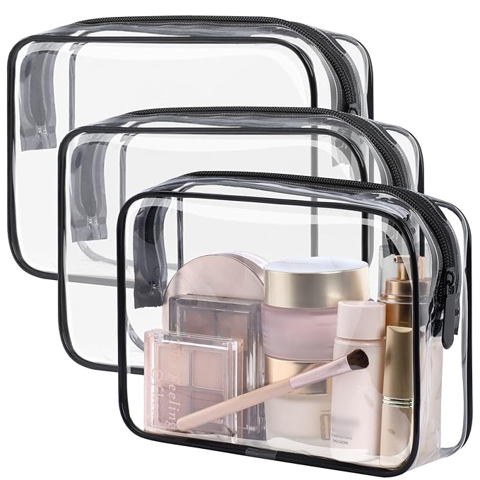 PACKISM TSA Approved Toiletry Bag - Clear Makeup Bag 3 Pack Medium, Metal Smooth Zipper Quart Size Bag for 3-1-1 Liquids, Travel Makeup Bag for Women Men, Airport Airline Compliant Bag, Black