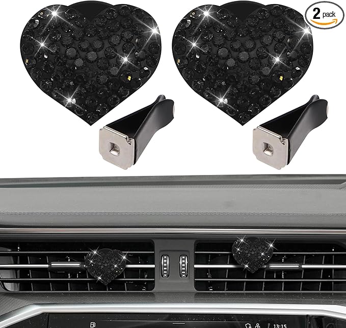 2PCS Heart-Shaped Car Vent Clip with Rhinestone, Car Vent Accessory, Bling Heart Charm Air Conditioning Outlet Clip, Auto Diffuser Air Freshener Charm for Women Girls (Black, Heart)