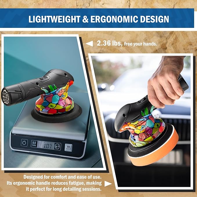 BATOCA 2026 S3 Cordless Car Buffer Polisher, 2pcs 2.0Ah 12V Lithium-ion Battery Powered Polisher with 6 Variable Speed, DA Orbital Buffer for Car Detailing, Polishing, Waxing, Camouflage Pattern Style