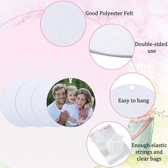 Maitys 50 Pieces Sublimation Air Freshener Blanks Car Scented Hanging Round Felt Air Freshener White Fragrant Sheets with 100 Pieces Bags and Elastic Rope for Car Interior Use and Decor