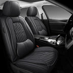 WELLDO Car Seat Covers Full Set, Leather Seat Covers for Car, Waterproof Car Seat Protector with Lumbar Support, Automotive Seat Covers Universal Fit for Most Cars SUV Truck(Black-w02)