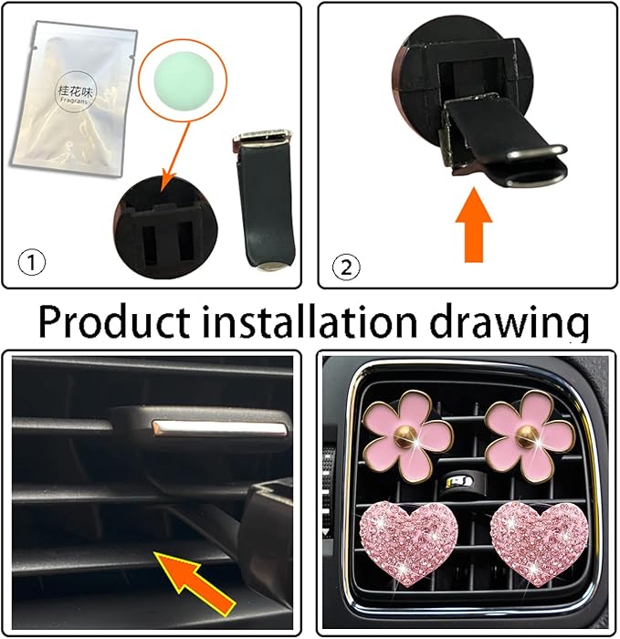Bling Heart & Daisy Air Vent Clips, 4 Pcs Pink Heart & Flower Car Air Fresheners Vent Clips Diffuser Vent Clip Rhinestone Diamond Decoration Car Interior Decor Cute Accessories for Women