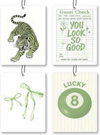 Trendy Sage Green Bow Car Air Freshener 4 Pcs - Coquette Bow Lucky 8 Ball Tiger Hanging Air Freshener 4 Pcs for Cars Closet Drawer Books, Girly Car Accessories Mirror Decor for Women