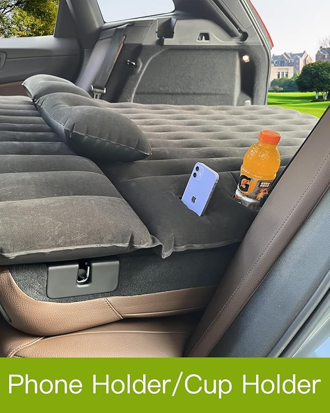 SUV Air Mattress, Inflatable SUV Mattress Bottle and Phone Holder Thickened Flocking & PVC Surface Car Air Mattress with Electric Air Pump Travel Mattress for Car Camping Road Trip (Black)