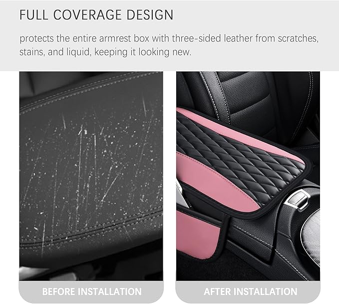 Patchwork Leather Center Console Covers for Cars,Upgraded Arm Rest Cover for Car with Side Storage Pocket for Car Seat Organizer,Middle Console Cover Stylish Car Decoration (Pink)