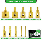 Diamond Hole Saw Kit, 10 PCS Tile Brazed Drill Bits Set with Double Suction Cup Guide, 6-50 mm Dry/Wet Hole Saws for Ceramic, Glass, Porcelain, Marble, Granite