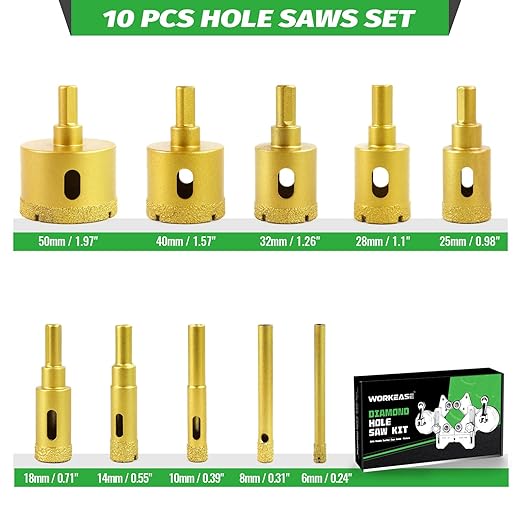 Diamond Hole Saw Kit, 10 PCS Tile Brazed Drill Bits Set with Double Suction Cup Guide, 6-50 mm Dry/Wet Hole Saws for Ceramic, Glass, Porcelain, Marble, Granite