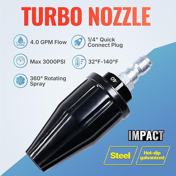 YAMATIC Pressure Washer Tips Turbo Nozzle, 360° Rotating Spray Turbo 3000 PSI 4.0GPM with 1/4" Quick Connector, Compatible with Ryobi, Greenworks, Craftsman, Troybilt, Simpson