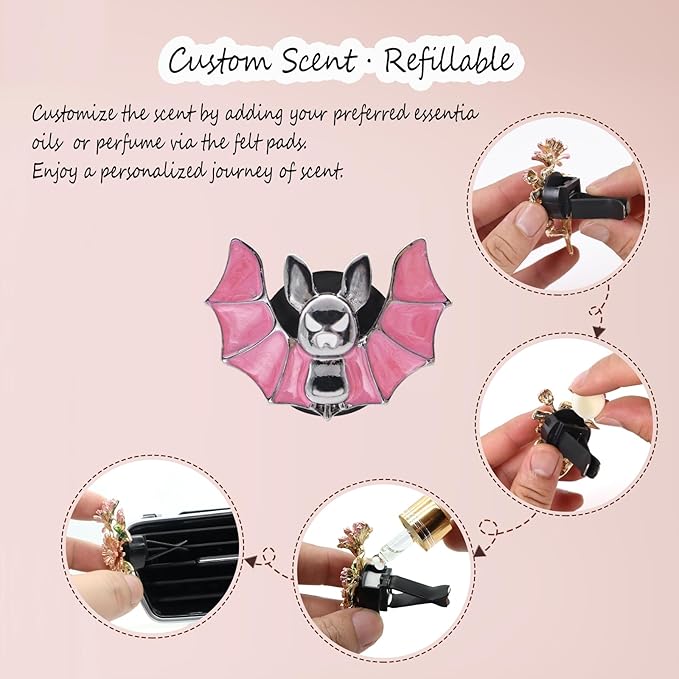 Bat Air Vent Clips,2pcs Pink Black Vampire Bat Car Air Freshener Vent Clips Cute Goth Car Accessories Halloween Gothic Decor Gift,Refillable Essential Oil Outlet Diffusers