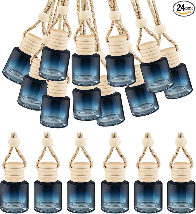 24 Pcs Black Car Hanging Air Fresheners Empty Glass Diffuser Bottles Pendant Perfume Bottle For Essential Oil Fragrance Aromatherapy Auto Interior Ornaments Decor (Cylinder-Gradient Black)