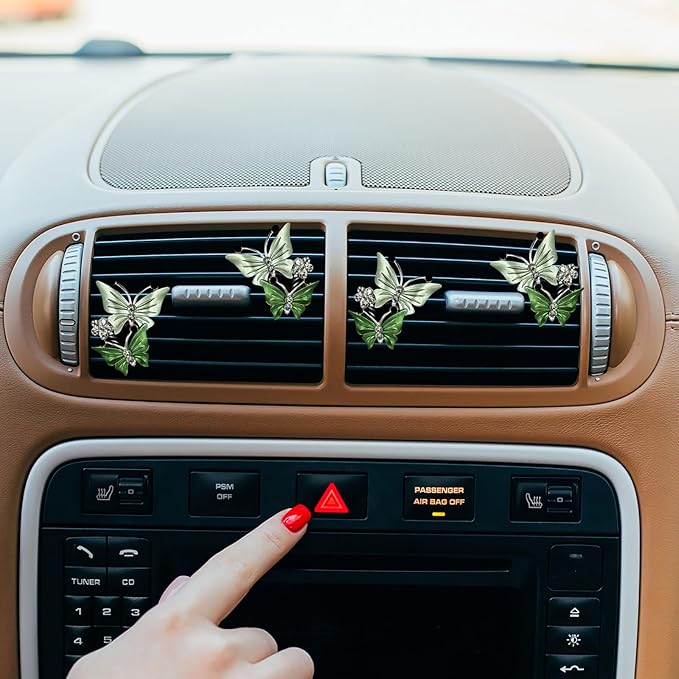 4 Pack Butterfly Car Air Fresheners Vent Clips Cute Air Conditioning Clips Decoration Rhinestone Vent Diffuser Clips Decor (Green)