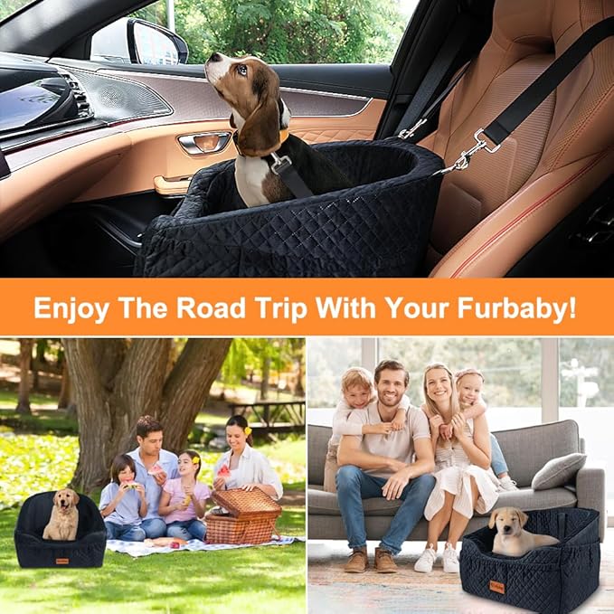 Vivifying Dog Car Seat for Small & Medium Dogs, Detachable & Washable Booster Seat for Pets Up to 30lbs, Travel Bed with Storage Pockets and Safety Belt – Black