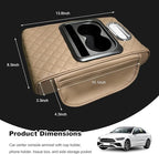 Car Center Console Armrest Pillow, Multifunctional Armrest Box Cover with Cup Phone Tissue Holder & Side Pockets, Waterproof Leather Middle Console Cushion for Most Vehicles (Beige, Embroidered)