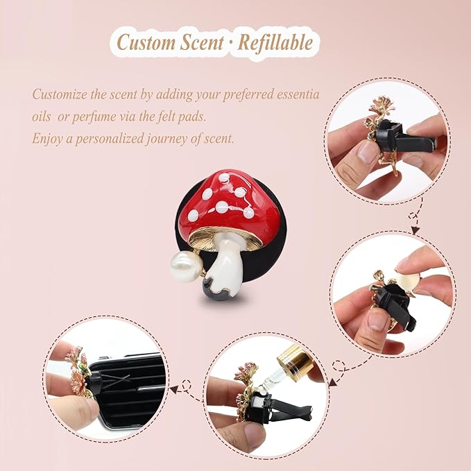 Cute Mushroom Car Air Freshener Vent Clips,4pcs Red Mushroon Refillable Car Air Freshener Decorative Clips Car Diffuser,Providing Bloom Car Scent
