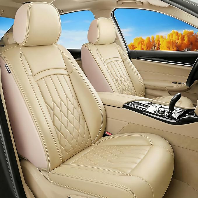 Fit Elantra Car Seat Covers for Hyundai Elantra 2017-2025 2026 - Premium Leather, Waterproof, All-Weather, Airbag Compatible, Anti-Slip, Breathable, Seat Protectors, Full Set, Beige