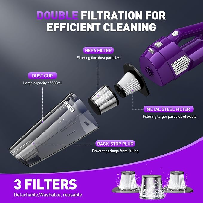 Handheld Vacuum Cordless, 15000PA Powerful Suction Car Vacuum Cleaner Lightweight with Multi Accessories, Hand held Vacuum Cleaner Dust Busters Cordless Rechargeable for Car Home