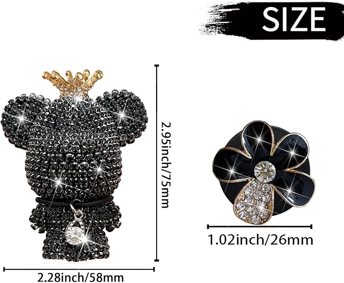 Black Daisy & Bear Air Vent Clips, 4 Pcs Bling Flower Car Air Fresheners Diamond Car Diffuser Car Interior Decor Charm Cute Car Accessories Car Decoration for Women + Cute Butterfly Mask Hook