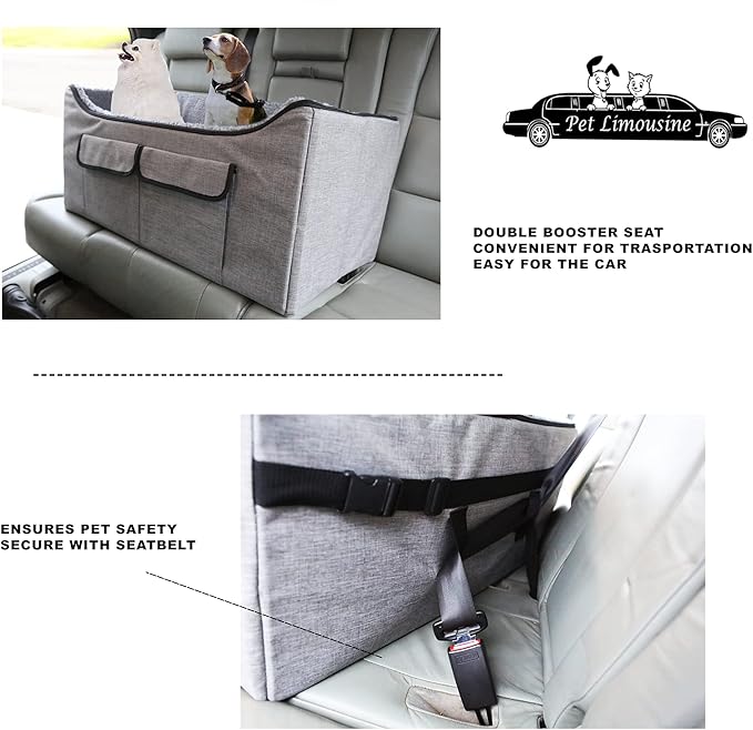 Pet Booster Car Seat for Large Pet or Two Small Pets with 2 Safe Secure Leash Seat Belts and Elevated View Easy Fold Up for Compact Storage