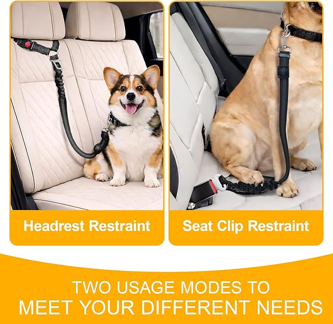 2-Pack Dog Car Seat Belt, 3-in-1 Headrest-Mounted Dog Seatbelt for Car, Adjustable Nylon Pet Safety Leash with Elastic Buffer & Reflective Stitching, Durable Car Harness for Dogs Fits Most Vehicles