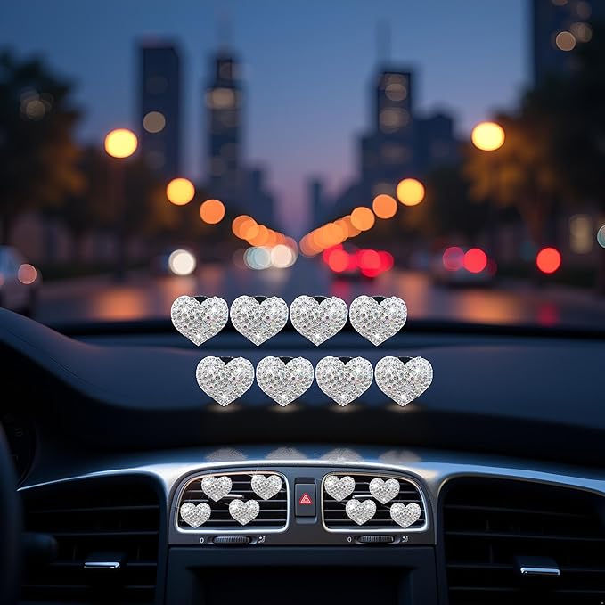 8 Pcs Silver Bling Heart Air Vent Clips, Crystal Car Fresheners, Diffuser With Rhinestone Decoration, Cute Interior Accessories for Women Girls, Decorations
