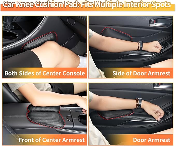 2PCS Car Knee Cushion Pad, Door Armrest Pad with Memory Foam for Knee Leg Elbow, Leather Knife-Shaped Car Armrest Cushion with Full Coverage Velcro, Automotive Interior Accessories(Black)