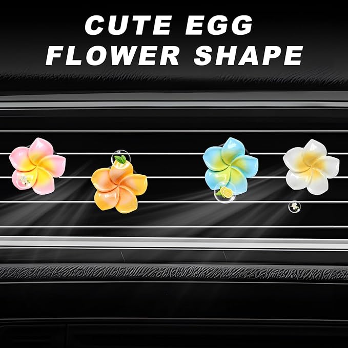 4PCS Flower Car Air Vent Clips, Cute Plumeria Automotive Air Fresheners Vents Clips Decoration, Girly Flower Auto Perfume Diffuser Decor Charm for Women (White+Pink+Orange+Blue)