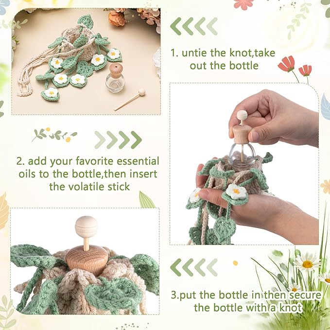 Cute Crochet Plant Car Freshener 12ml Empty Refillable Diffuser Bottle with Plants Hanging Accessories for Rearview Mirror Home Office Decor Women Mother's Day Gifts(Daisy)