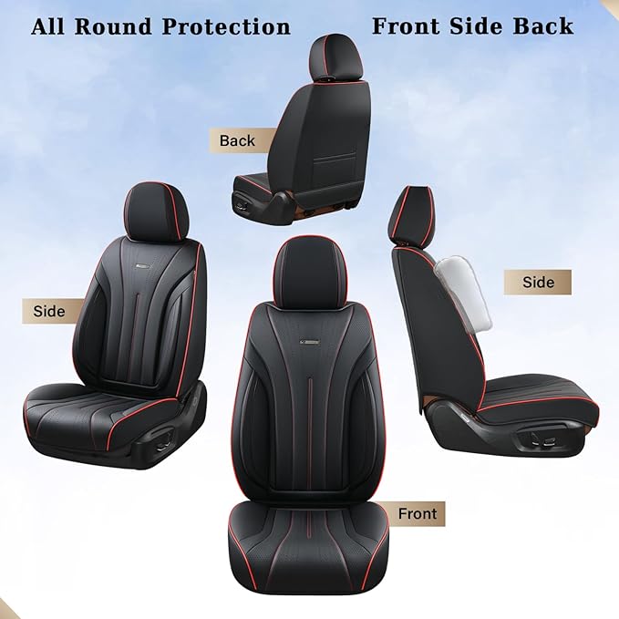 Coverado Front Seat Covers, Luxury Nappa Leather Seat Cover, 2 Pack Waterproof Seat Cover for Cars, Universal Front Car Seat Protector, Breathable Car Seat Cushion Fit for Most Cars(Black &Red Line)