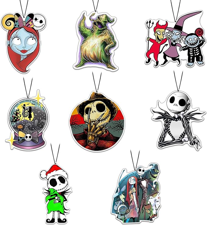 Horror Christmas Skull Car Air Freshener Card Pendant（8Pack Fresh Ice Scent） Gifts Cartoon Halloween Merch Party Supplies Room Decor Accessories for Hanging Rearview Car Interior