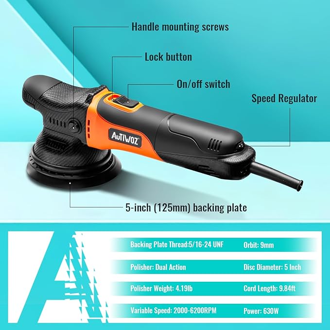 Car Buffer Polisher, 5 Inch Dual Action Polisher for Car Detailing, 9mm Random Orbital Car Polisher Buffer Kit, 6 Speeds 2000-6200RPM, 4 Buffing Pads for Car detailing, Polishing, Waxing, W01