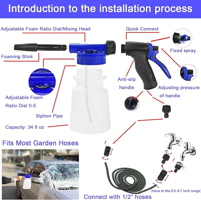 37Pcs Car Wash Detailing Kit Foam Gun Sprayer Long Handle Foldable Car Wash Brush Bucket Towels Tire Brush Wash Mitt Sponge Duster Brush Car Wash Kit is Complete Car Care Tools
