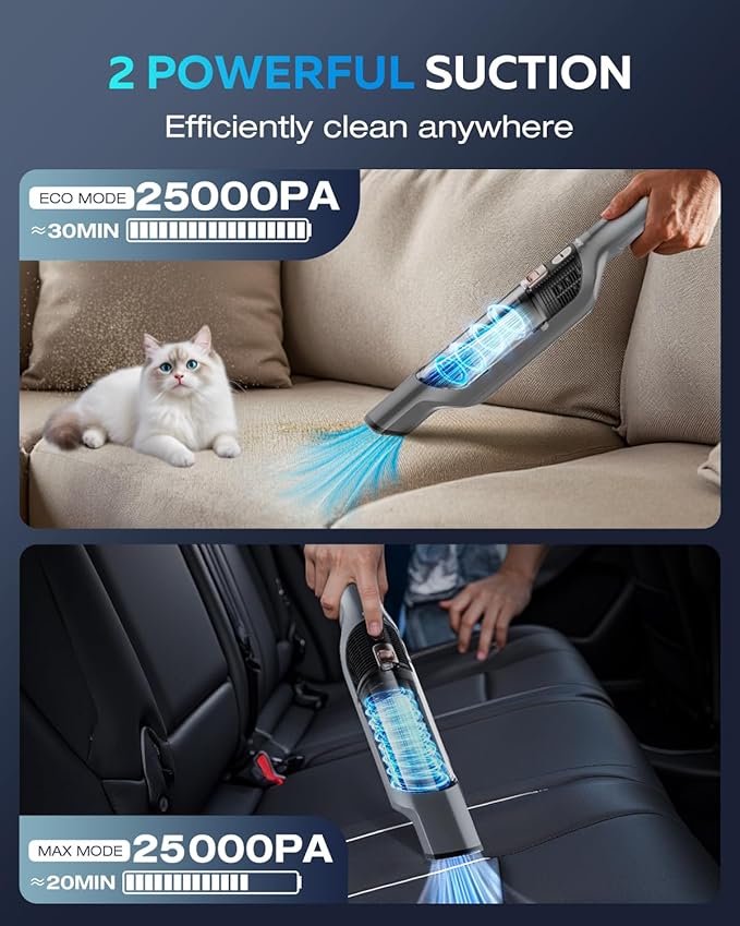 Zefiro Compact Powerful Cordless Handheld Vacuum, Rechargeable Portable Car Vacuum for Car & Pet Hair, 25000PA High Power Suction, XL Dust Cup, 2 Brushes & Filters, Long Runtime with Charger