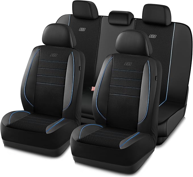 Skechers Air-Cooled Memory Foam Seat Covers,Mesh Thick Car Seat Covers,Piping Leather Car Seat Cover,Airbag Compatible,Automotive Comfort for Most Cars, Vans, Trucks, SUV(Blue,Full Set)