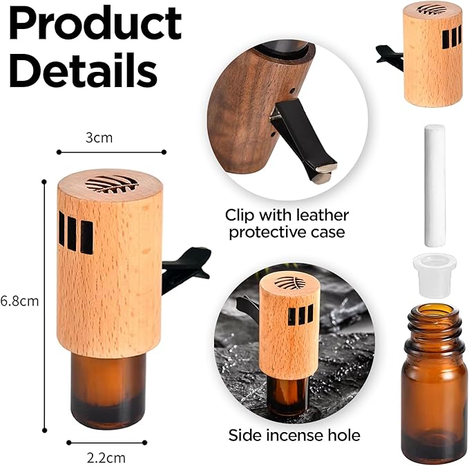Clip‑On Wooden Car Reed Diffuser – Stylish Car Air Freshener with Aesthetic Wood Design, Refillable & Eco‑Friendly Aromatherapy for Long‑Lasting Fragrance, Includes 3 x 0.17 fl oz Oils