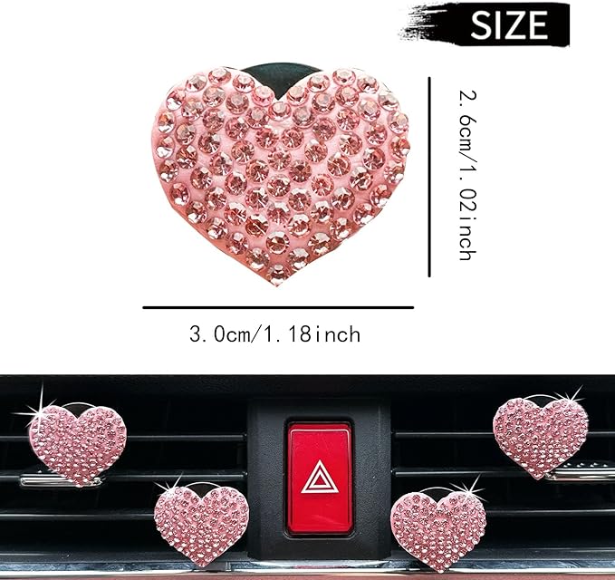 Crystal Heart Car Air Vent Clips, Sparkly Rhinestone Bling Diamond Auto Freshener Holder 4 Pack with Fragrance (Pink, Ocean)
