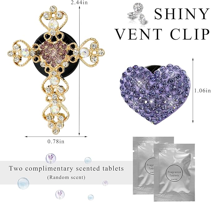2 PCS Bling Car Vent Clip, Crystal Rhinestone Cross and Heart Car Air Fresheners Vent Clips, Diamond Car Air Conditioner Outlet Decoration Charm for Women, Car Accessories (Purple)