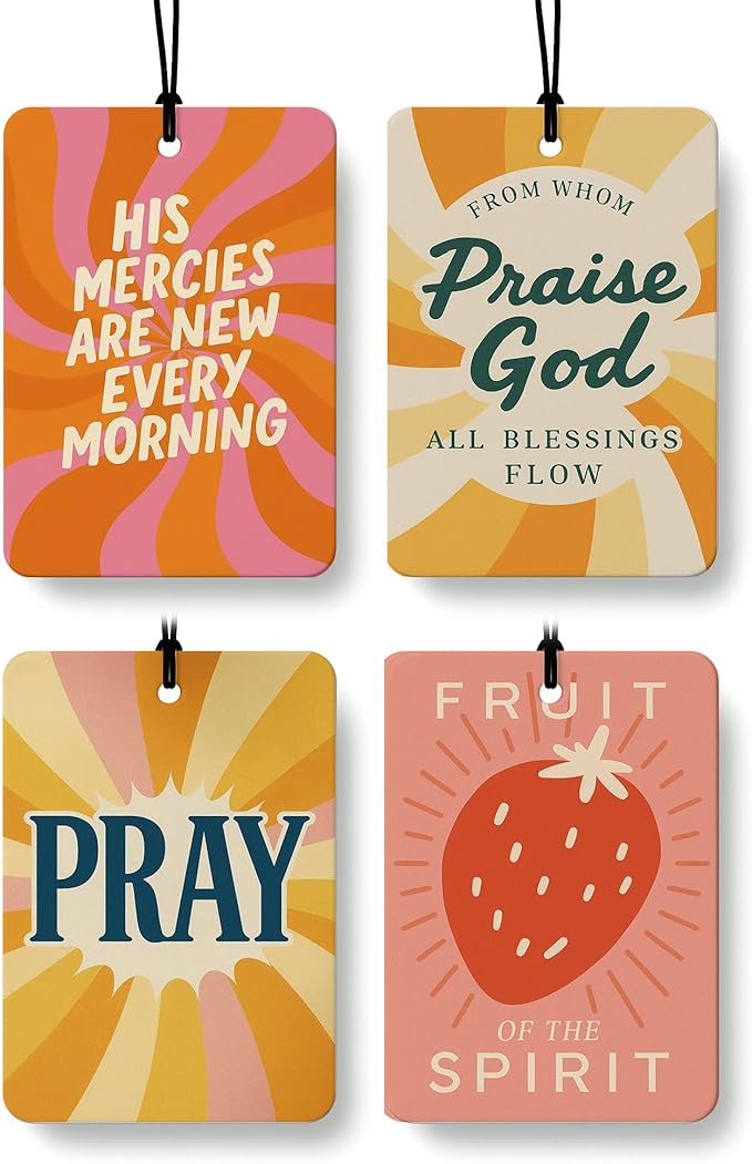 Retro Christian Car Air Freshener 4 Pcs Coconut Scented, Religious Faith Car Accessories Mirror Decor for Women, Strawberry Bible Verse Hanging Air Freshener for Cars Closet Drawer Books