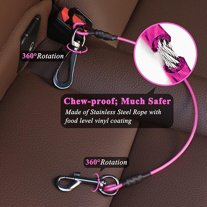VIVAGLORY Dog Seat Belt Tuffbelt Dog Car Harness, Seatbelt with Clip & Hook for Car Travel, Chew Proof Anti Chew Unchewable Metal Safety Tether Restraint, S, Pink