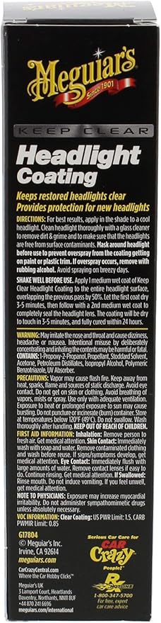Meguiar's Keep Clear Headlight Coating, Maintain Like-New Clarity of Your Headlights with an Easy-to-Use Formula and UV Protection that Lasts All Year Long, 4 Ounce Aerosol