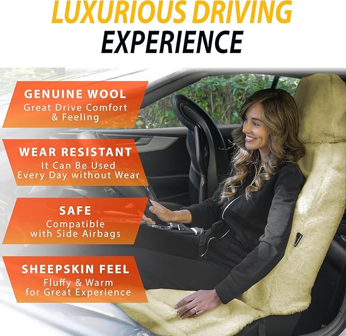 ZONETECH Sheepskin Seat Covers Fuzzy Car Seat Covers Tan Australian Merino Wool Fluffy Fur Auto Accessories All Season Protection for Your Seats Universal Fits Most Car SUV Airbag Compatible 2-Pack