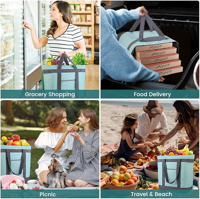 mosago 2PK Reusable Grocery Tote Bags, Insulated Cooler Shopping Bag for Women, Pizza/Food Delivery Bags to Keep Food Hot/Cold for Commercial Food Transport, Cooler Bag for Travel/Picnic, Collapsible