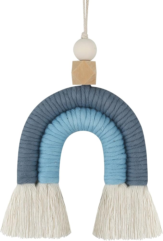 Macrame Rainbow Charm Boho Felt Ball Wood Bead Essential Oils Diffuser Interior Decor Handmade Car Accessories Colorful Hanging Air Freshener Decor(Blue)