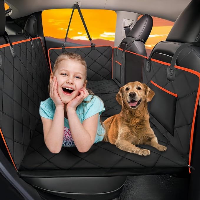 Back Seat Extender for Dogs-Large Space, Dog Car Seat Cover Hard Bottom Holds 420lb, Sturdy Backseat Extender for Dogs, Upgraded Waterproof Pet Car Bed Dog Hammock for Car, SUV, Truck, Orange