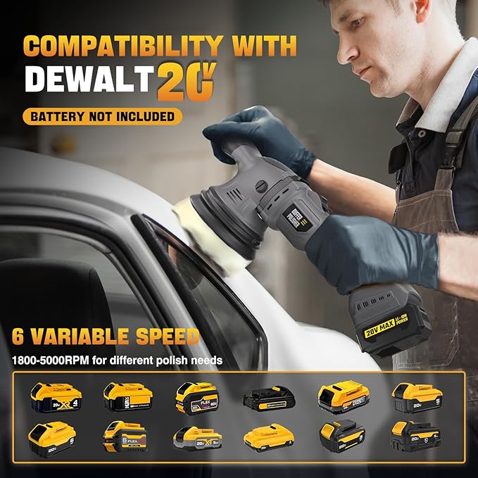 Cordless Buffer Polisher Kit for Dewalt 20V Battery (No Battery), 6-Inch Orbital Car Polisher Variable Speed 1800—5500 RPM, 17PCS Polishing Accessories, for Car Polishing/Waxing (Tool Only)