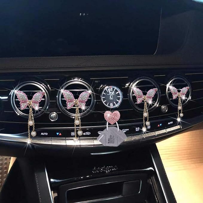 Pink Butterfly Air Vent Clips, 4 Pcs Bling Butterfly Air Fresheners Vents Clips Diamond Car Interior Decor Bling Cute Car Accessories Decoration for Women+ Heart Mask Hook