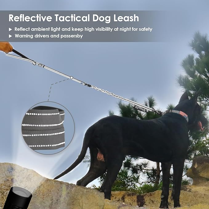 AUBELL Tactical Dog Leash Heavy Duty,4-6ft Reflective Strong No Pull Bungee Leash for Medium Large Dogs with Comfortable Padded Double Handle,Car Seat Belt,360 Degree Rotating Carabiner,Grey