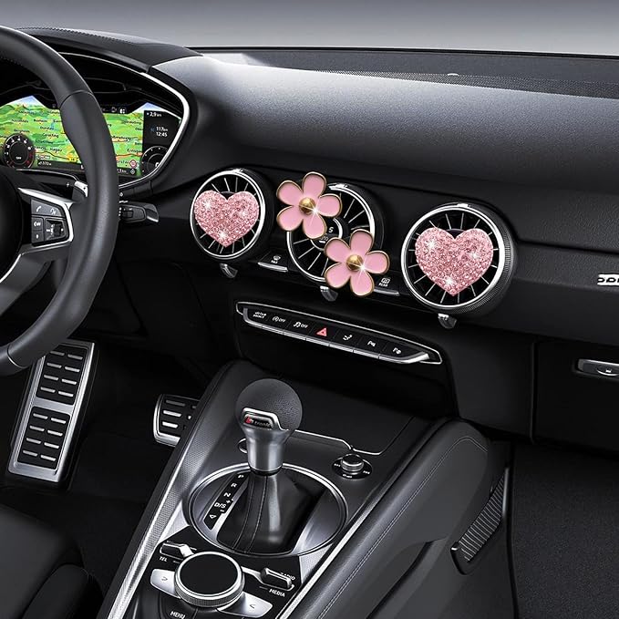 Bling Heart & Daisy Air Vent Clips, 4 Pcs Pink Heart & Flower Car Air Fresheners Vent Clips Diffuser Vent Clip Rhinestone Diamond Decoration Car Interior Decor Cute Accessories for Women