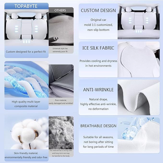 Car Seat Cushion Covers Full Set Front Rear for Tesla Model 3 Highland 2017-2026 Four Seasons Universal Ice Silk Protector Pad Mat (Without Logo)