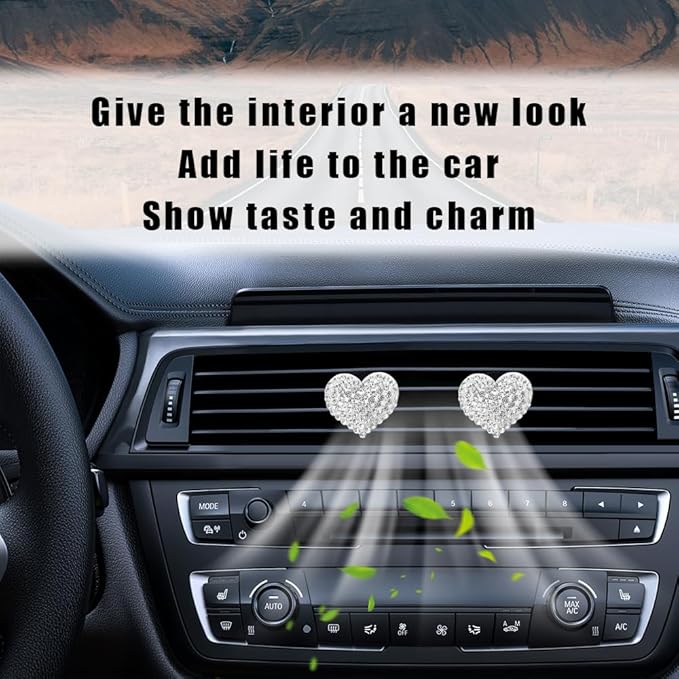 2PCS Bling Air Vent Clips, Heart Shaped Crystal Air Conditioning Outlet Clip, Girl Car Accessories Air Vent Clip Universal for Most Car, Truck, SUV