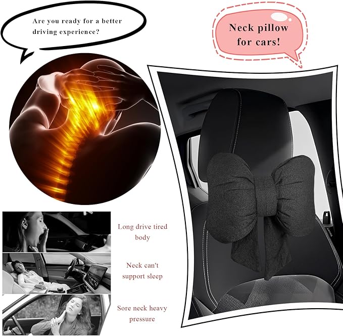 Bow Car Headrest Pillow, Breathable Ergonomic Auto Neck Cushion with Adjustable Strap, Comfy Vehicle Neck Support Pillow Cute Bow Girl-Style Decoration for Driving Seats (Black)